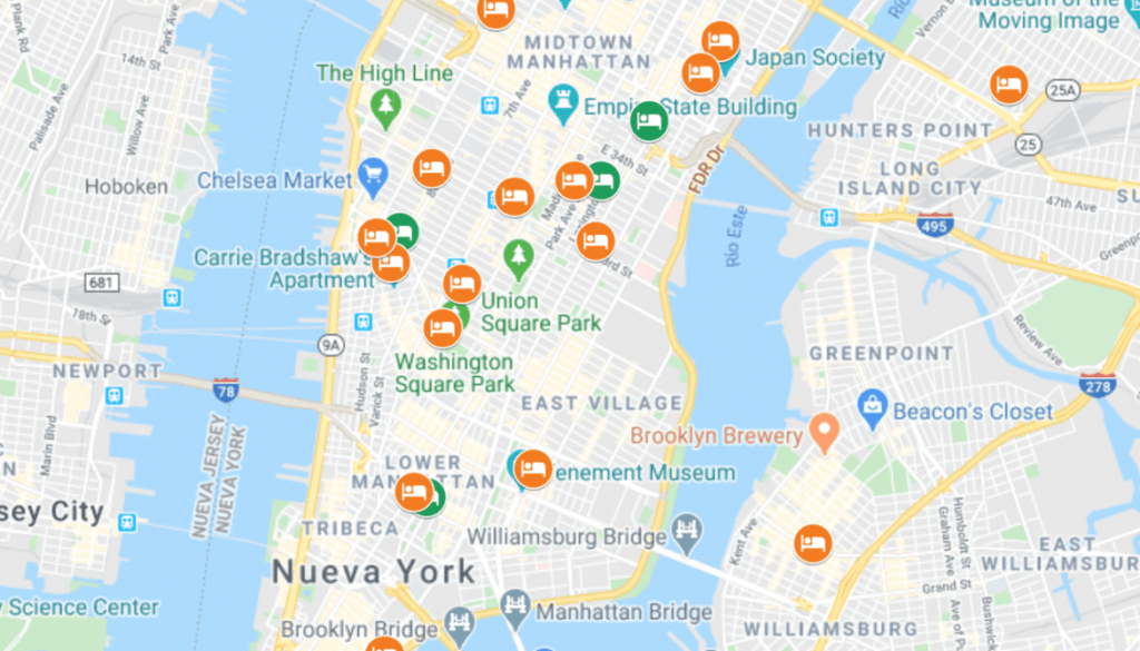 Hoteles de la ciudad de Nueva York en un mapa