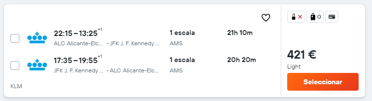 210,50 euros/trayecto Alicante, Barcelona, Madrid, Málaga, Palma De Mallorca, Valencia. Nueva York Septiembre