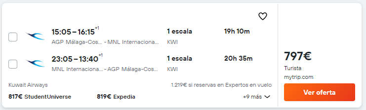 398,50 euros/trayecto Barcelona, Bilbao, Madrid, Málaga, Valencia. Filipinas  Septiembre
