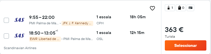 181,50 euros/trayecto Alicante, Barcelona, Madrid, Málaga, Palma De Mallorca, Valencia. Nueva York Septiembre