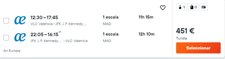 225,50 euros/trayecto Alicante, Barcelona, Madrid, Málaga, Palma De Mallorca, Valencia. Nueva York Septiembre