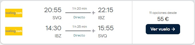 27,50 euros/trayecto Valencia, Barcelona, Madrid, Bilbao, Alicante, Santander, Sevilla Formentera Julio