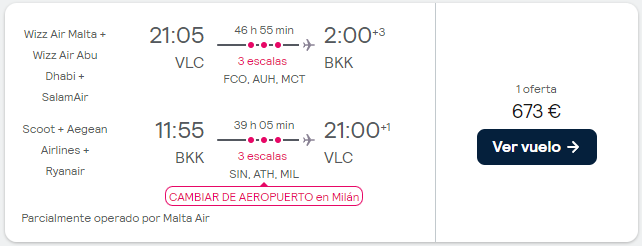 336,50 euros/trayecto Barcelona, Málaga, Madrid, Valencia , Sevilla y Palma de Mallorca. Bangkok (Tailandia)  Noviembre 